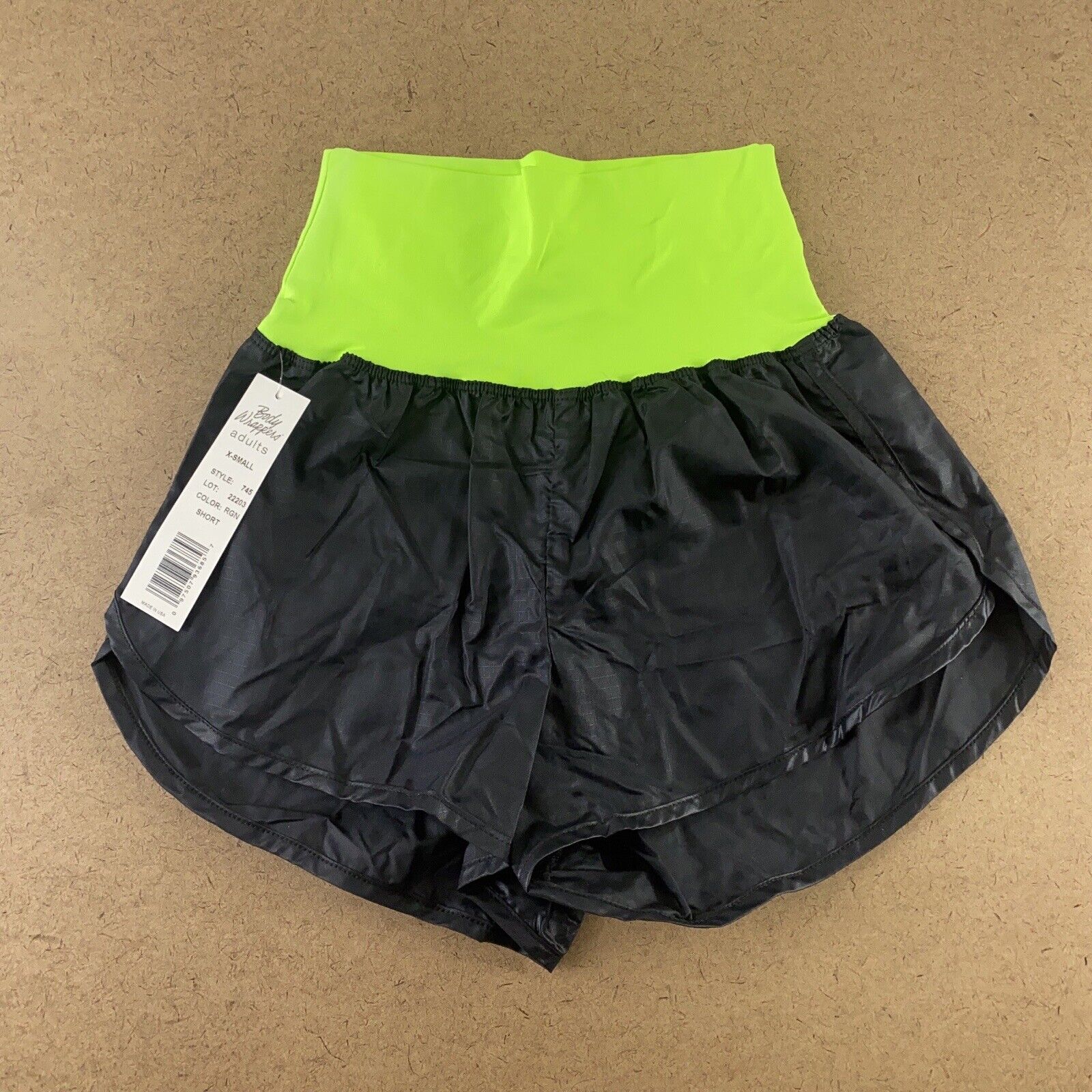 Body Wrappers Adult Size Xs Black Neon Green Hi Rise Ripstop Dance Short 745 Nwt