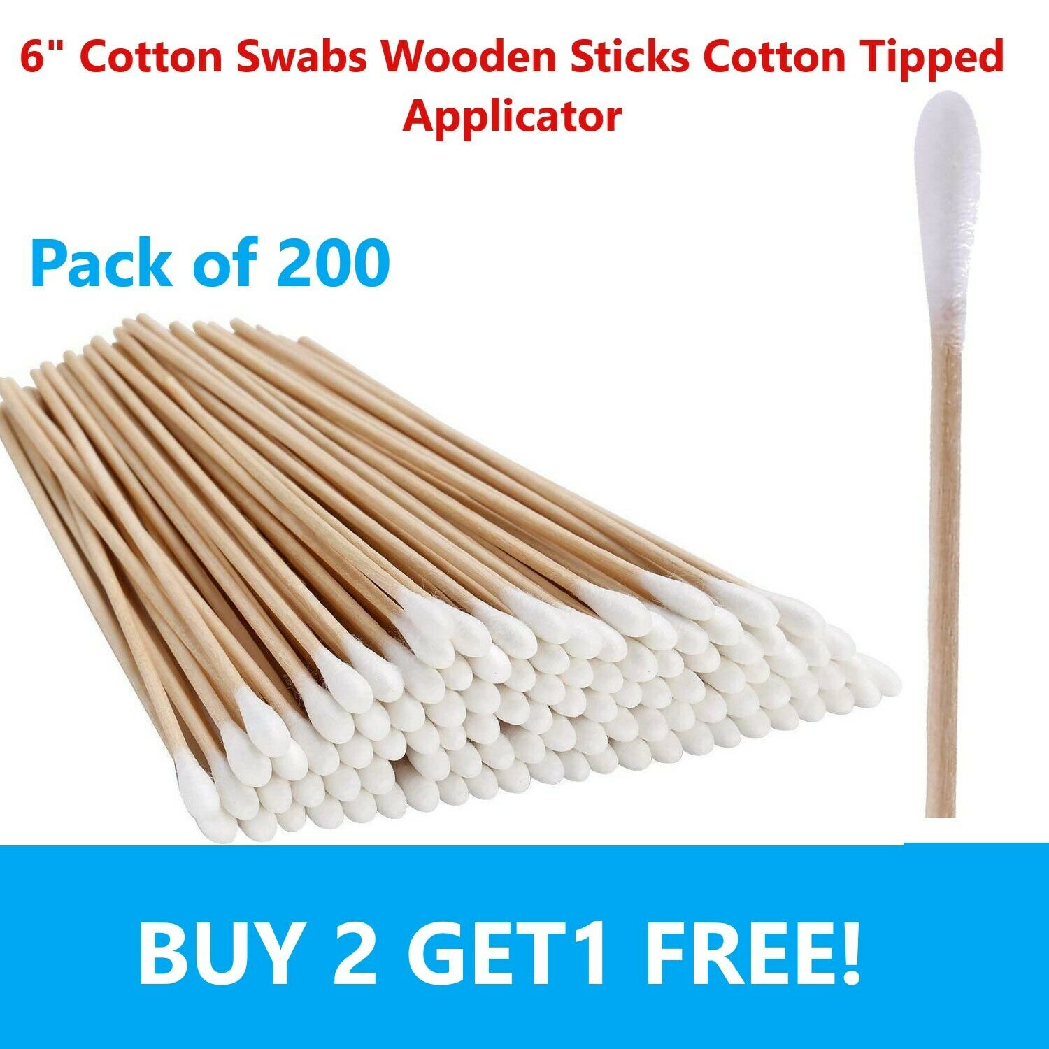200pc Cotton Swabs Swab Q-tips 6" Long Wood Wooden Handle Cleaning Applicators
