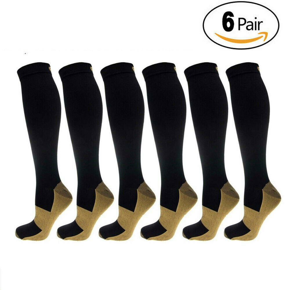 6pack Copper Infused Compression Sport Socks 20-30mmhg Graduated Men Women Black