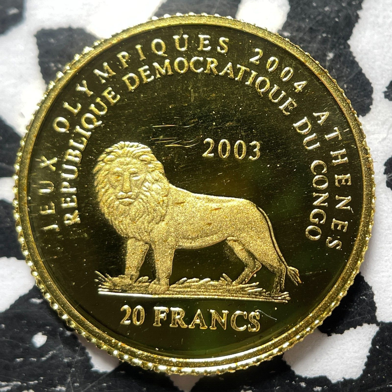 2003 Congo 20 Francs Lot#jm4945 Gold! Proof! Km#184, Athens Olympics