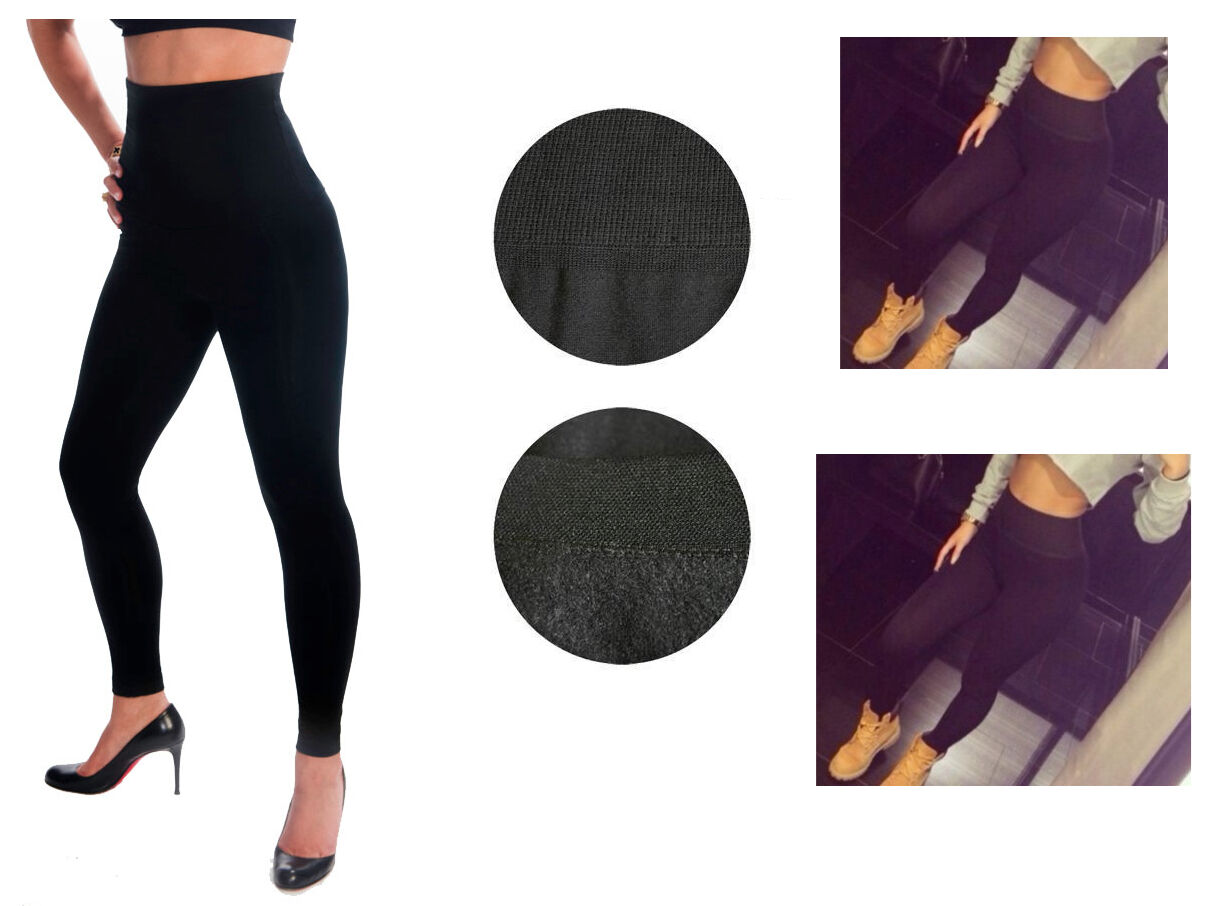 Ladies High Waisted Footless Fleece Lined Black Legging Tummy #tx701x Plus Size