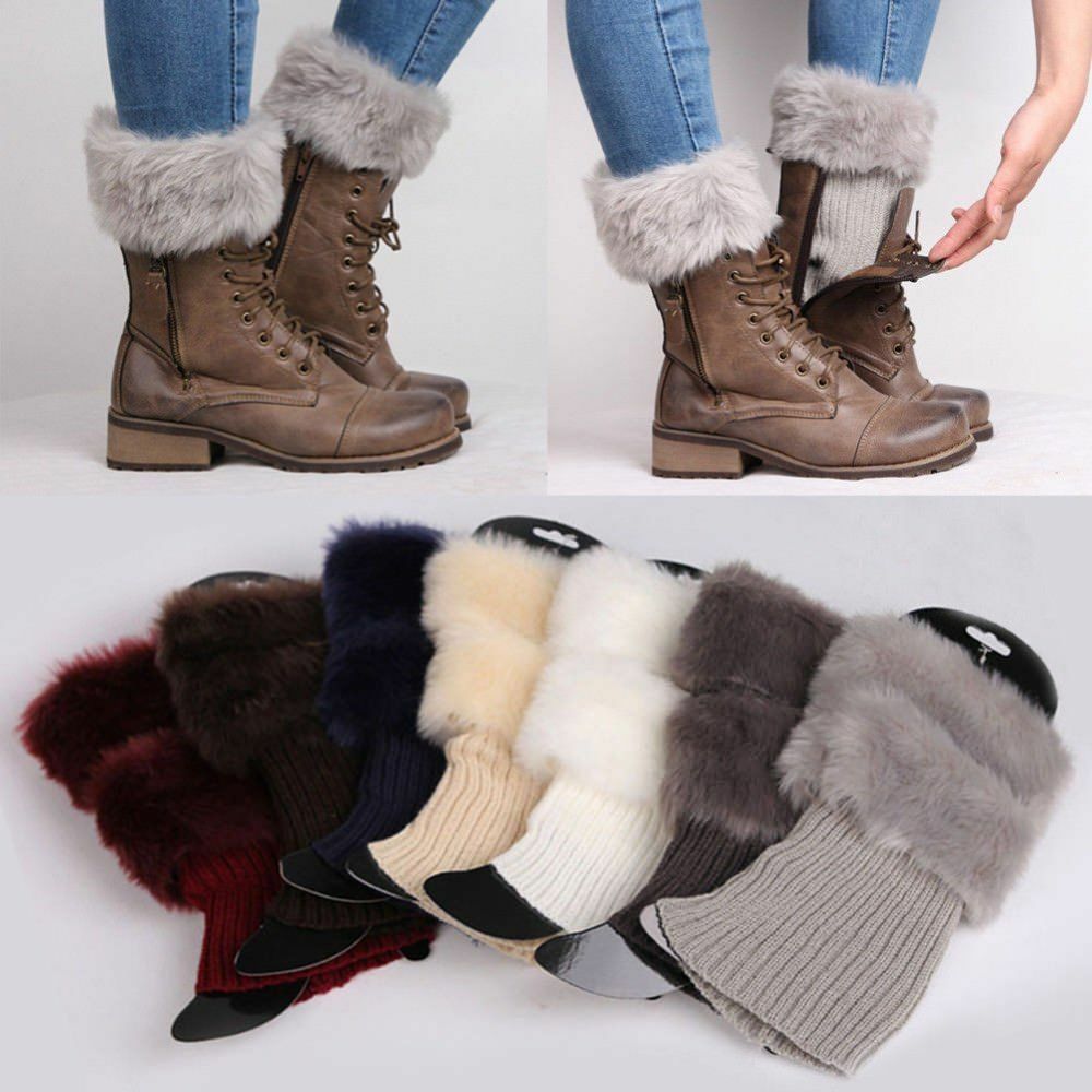 Women Winter Ankle Leg Warmers Crochet Knitted Fur Trim Boot Toppers Cuffs Socks