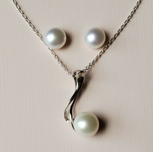 Freshwater Pearl Pendant Necklace Earrings Set White Pearl Sterling Silver Set