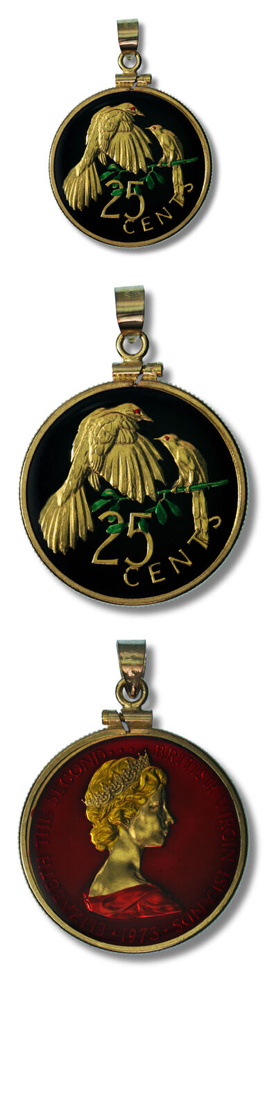 British Virgin Islands Enameled Jewelry Coin Pendant Mangrove Cuckoos 25¢ 1973 W