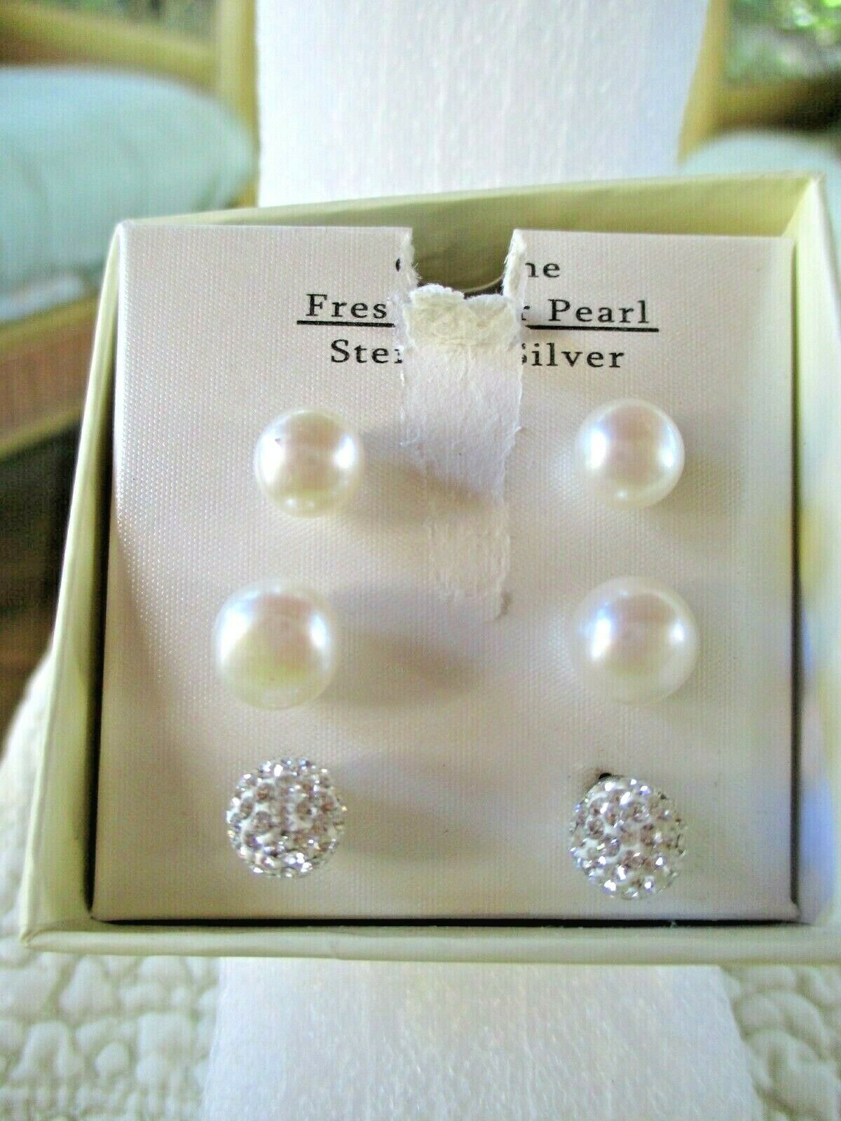 Fresh Water Pearl/glitter Ball Sterling Silver Earring Set