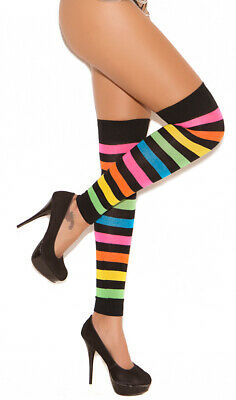 Neon Striped Thigh High Hi Leg Warmers Footless Stockings Hosiery Rave 1897