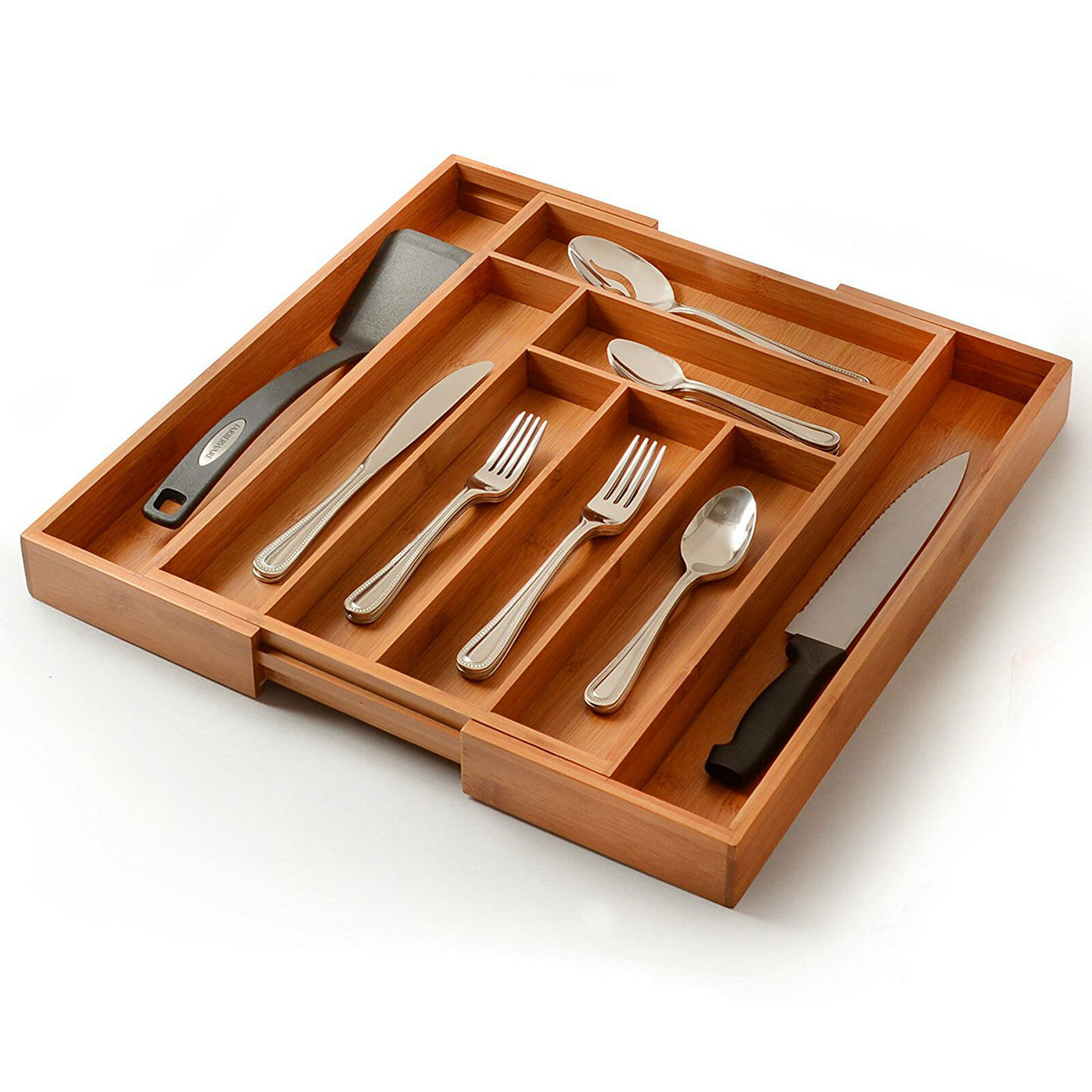 Bamboo Cutlery Silverware Flatware Utensil Tray Drawer Kitchen Organizer Storage