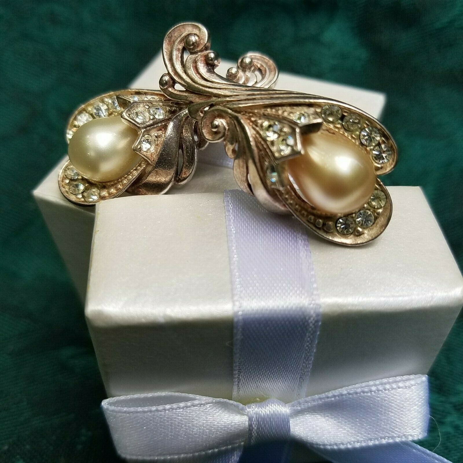 Sterling Silver Teardrop White Pearl Earrings W/ Crystals Snap Lock Clasp