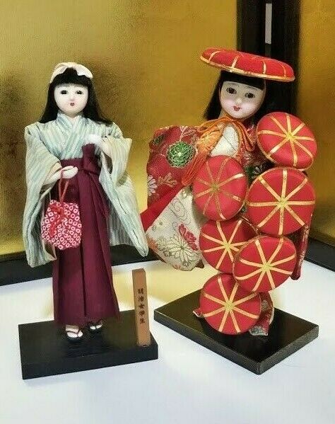2 Lot Vintage Japanese Doll Girl Geisha Figure Plush Small 7 Inch 18cm Tall