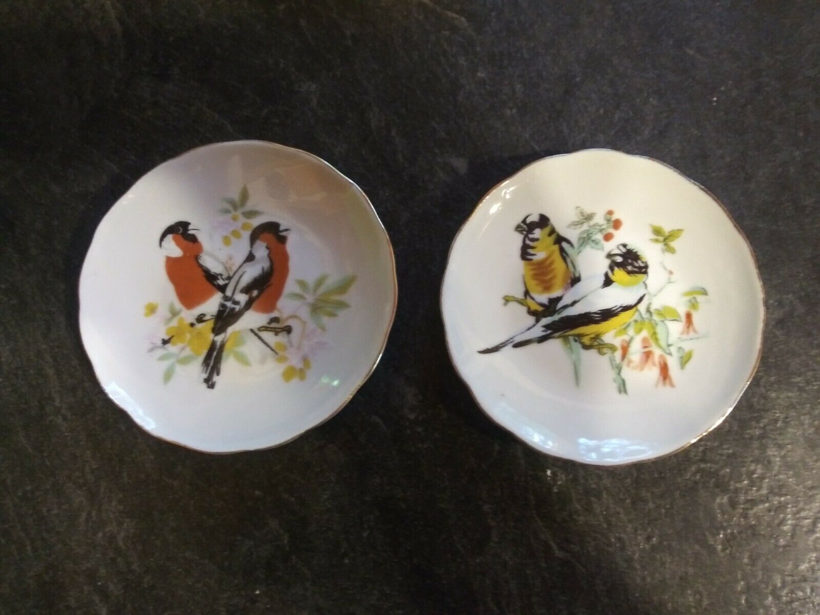 Two Vintage Birds Butter Pats Trinket Dishes Mini Plates Gold Trim