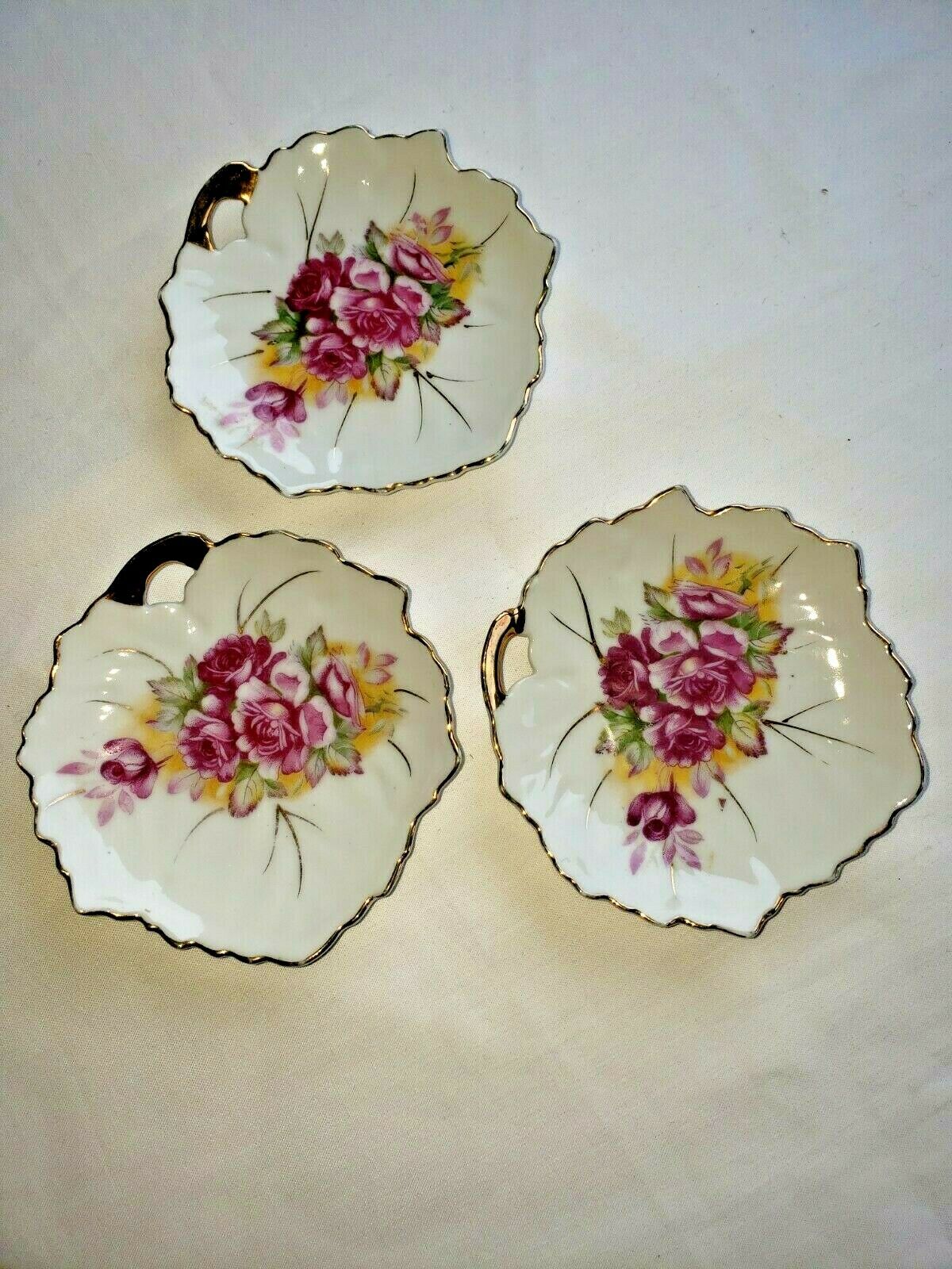 Vtge Lot 3 Butter Pats Japan Porcelain Roses Flowers Marked Clover Leaf Trinket