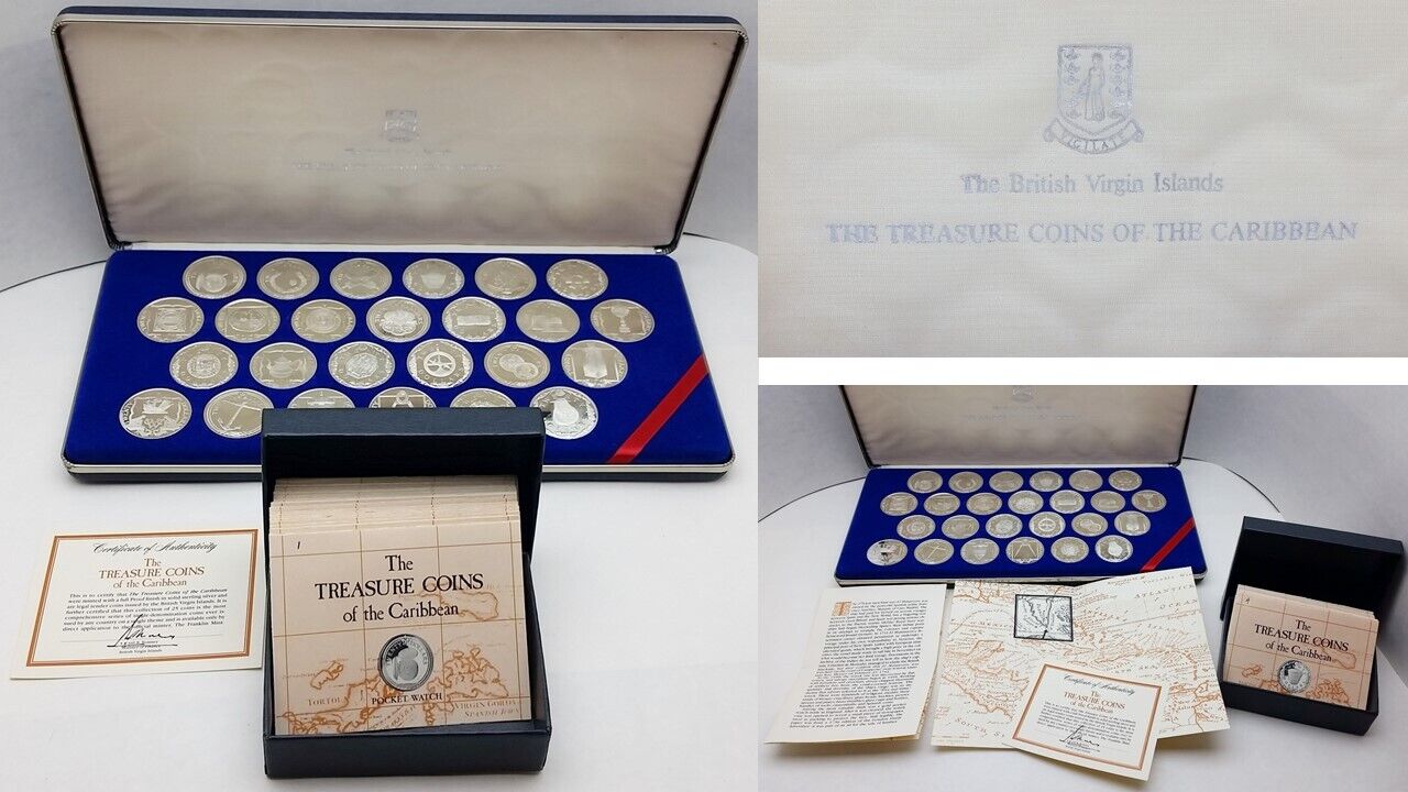 Proof Finish Sterling Silver Set 25 Treasure Coins Of The Caribbean W Docs&cases