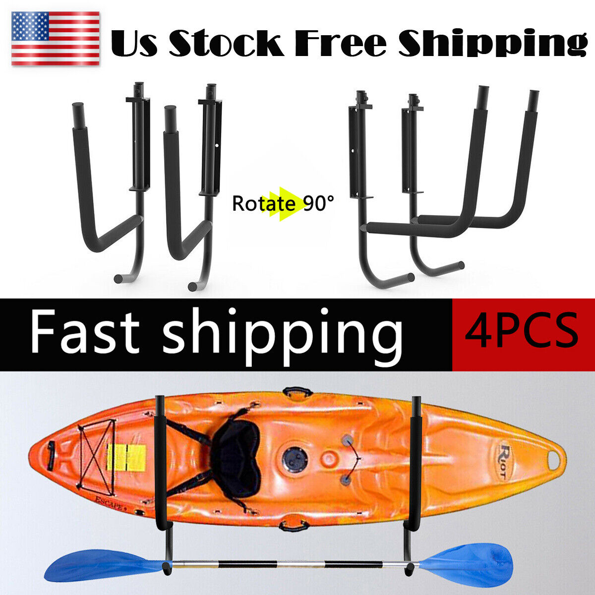 4 Pcs Folding Kayak Storage Wall Hanger Rack For Canoe Paddle Kayak Hook Fdb