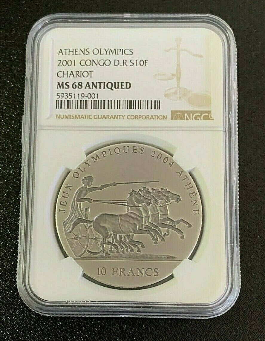 2001 Athens Olympics Chariot Congo Silver 10 Francs Ngc Ms68 Antiqued