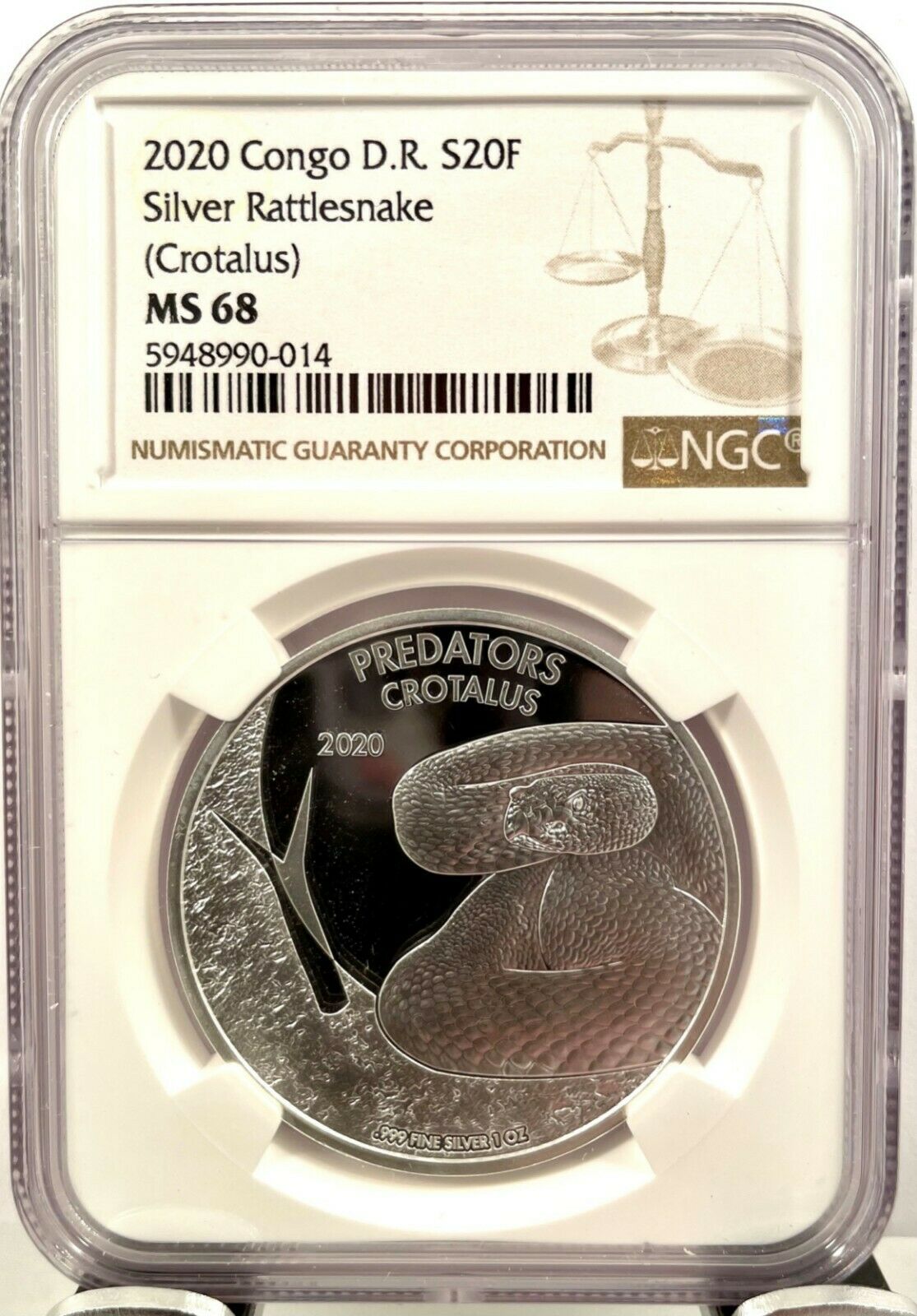 2020 Congo 20 Francs Predators Rattlesnake 1 Oz 999 Silver Coin - Ngc Ms 68