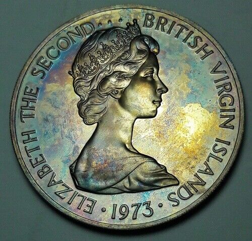 1973 British Virgin Islands Silver One Dollar  Bu Unc Color Toned Coin