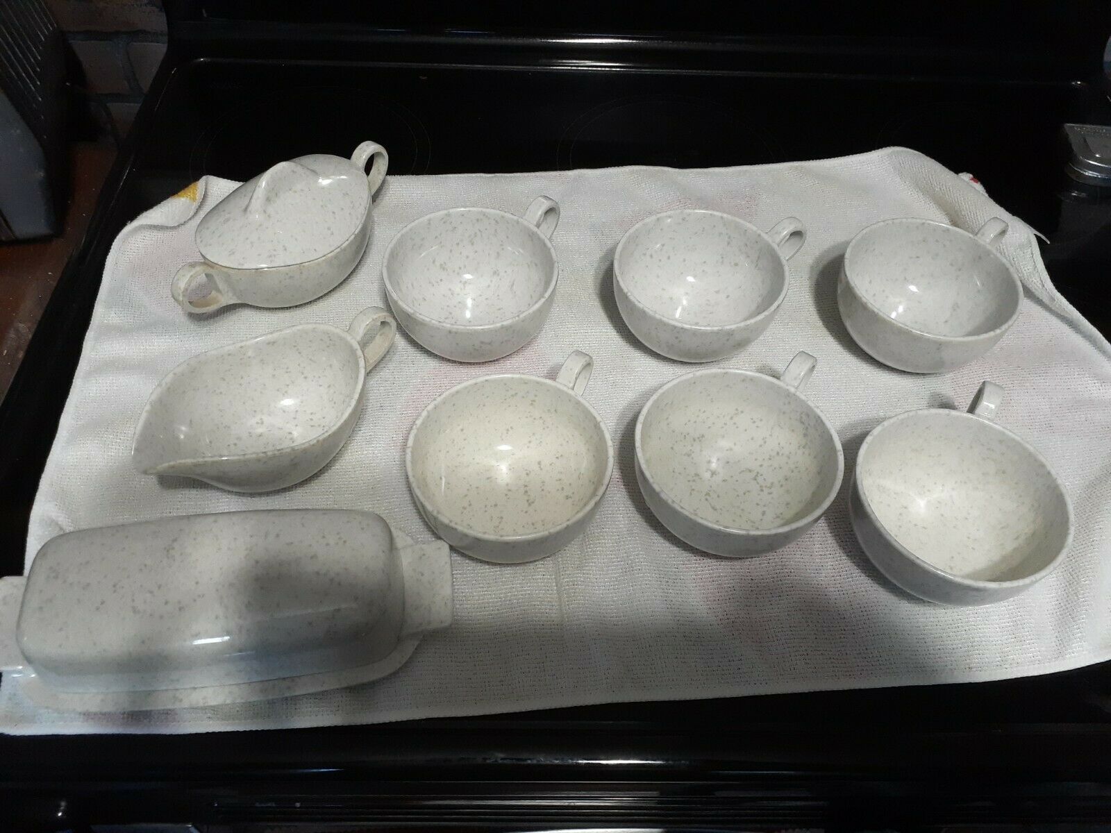Vintage Melmac Gray Speckled Stone Look 6 Cups, Sugar & Creamer, Butter Dish