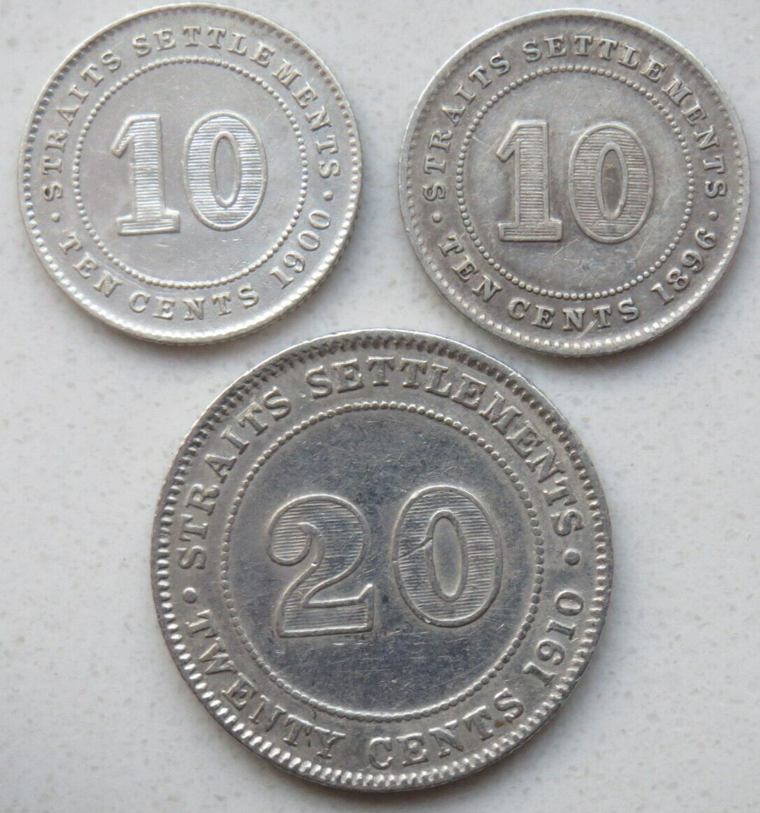 Straits Settlements Lot 3 Coins 10 Cents 1896 + 1900  + 20 Cents 1910 Silver