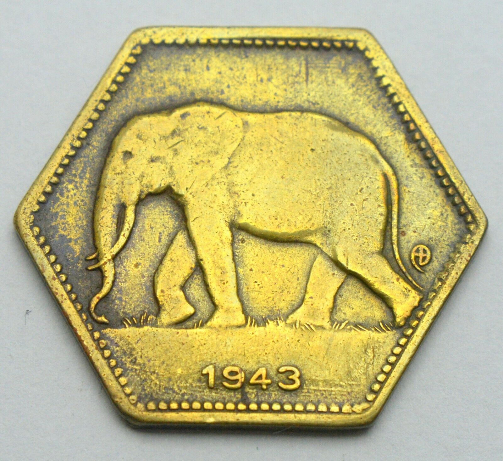 Belgium Belgian Congo 2 Francs 1943 Elephant Animal Old Coin