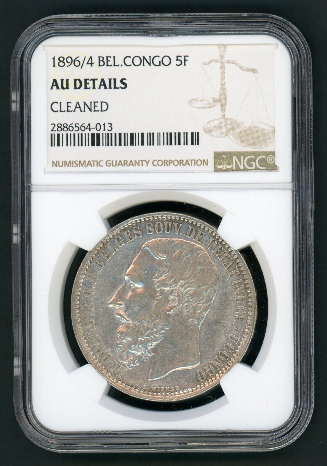 Belgian Congo 5 Francs 1896/4leopold Ii Silver Coin Graded Ngc Au Details Ak 105